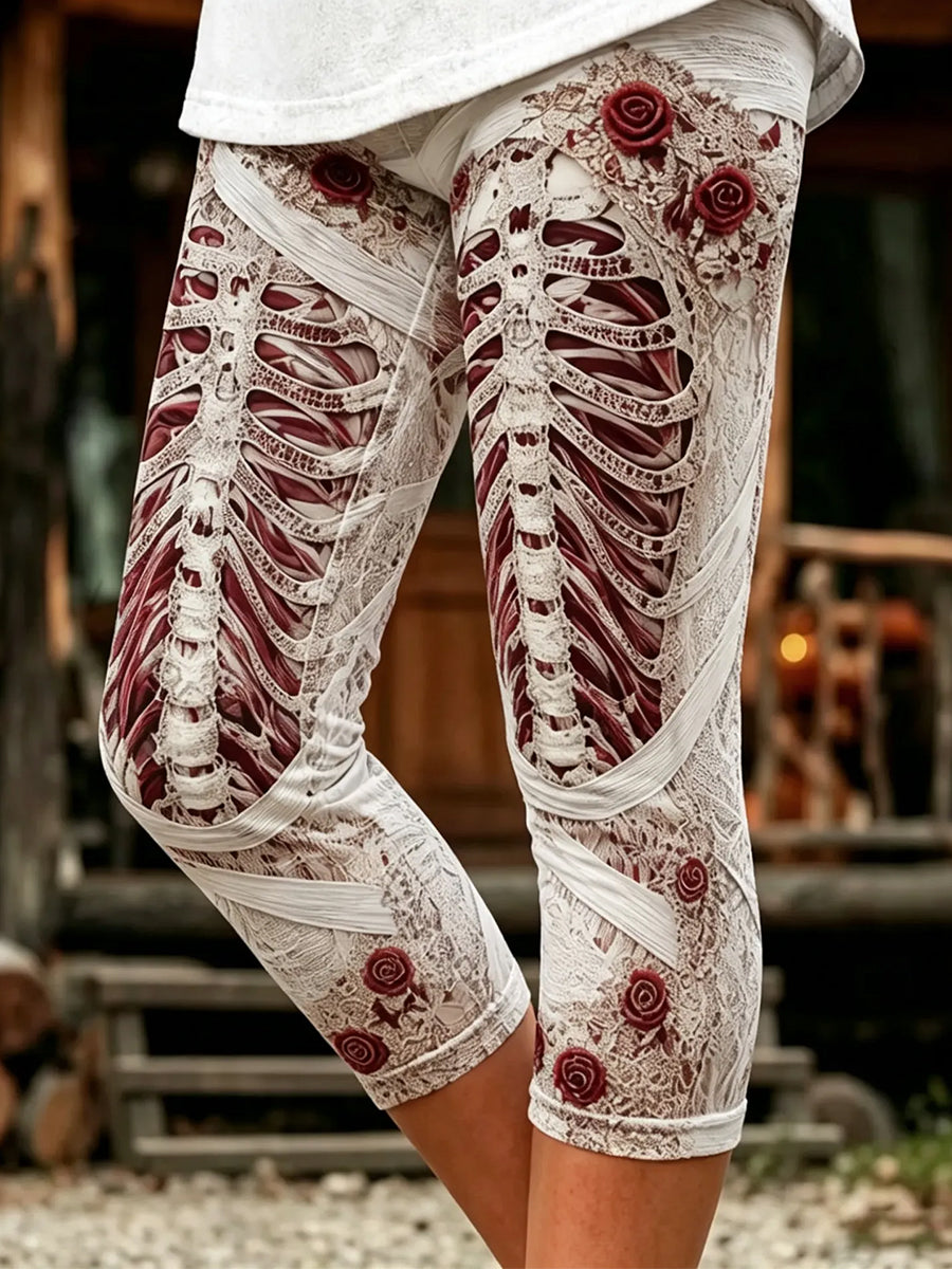 Women's Vintage Skeleton Straps Roses Print Comfy Seven-minute Bottoms