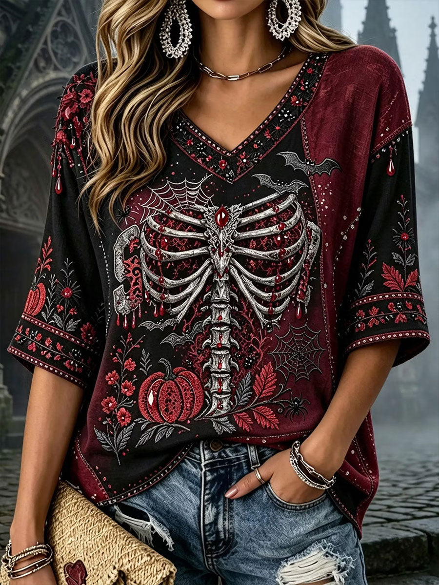Women's Gothic Skull Rose Floral Cotton Linen Shirt