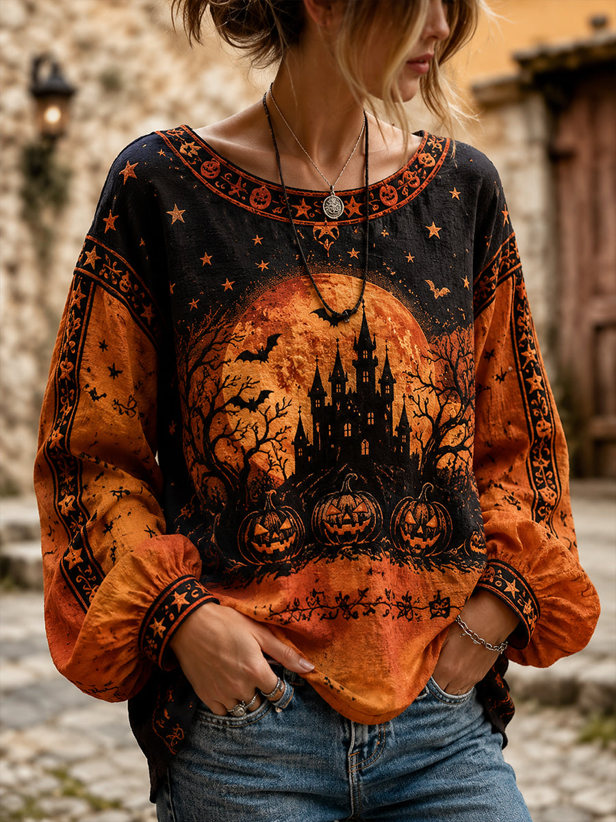 Women's Halloween-Themed Art Print Long-Sleeved Top