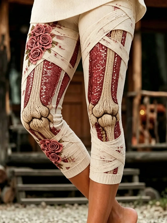 Women's Vintage Skeleton Straps Roses Print Comfy Seven-minute Bottoms