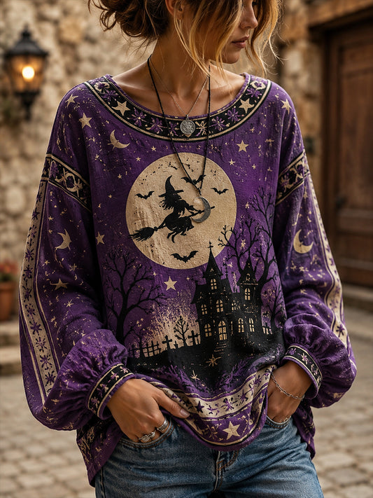 Women's Halloween-Themed Art Print Long-Sleeved Top