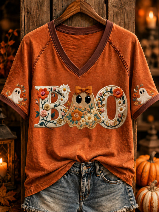 Women's Retro Halloween Ghost V-neck Short Sleeve T-shirt