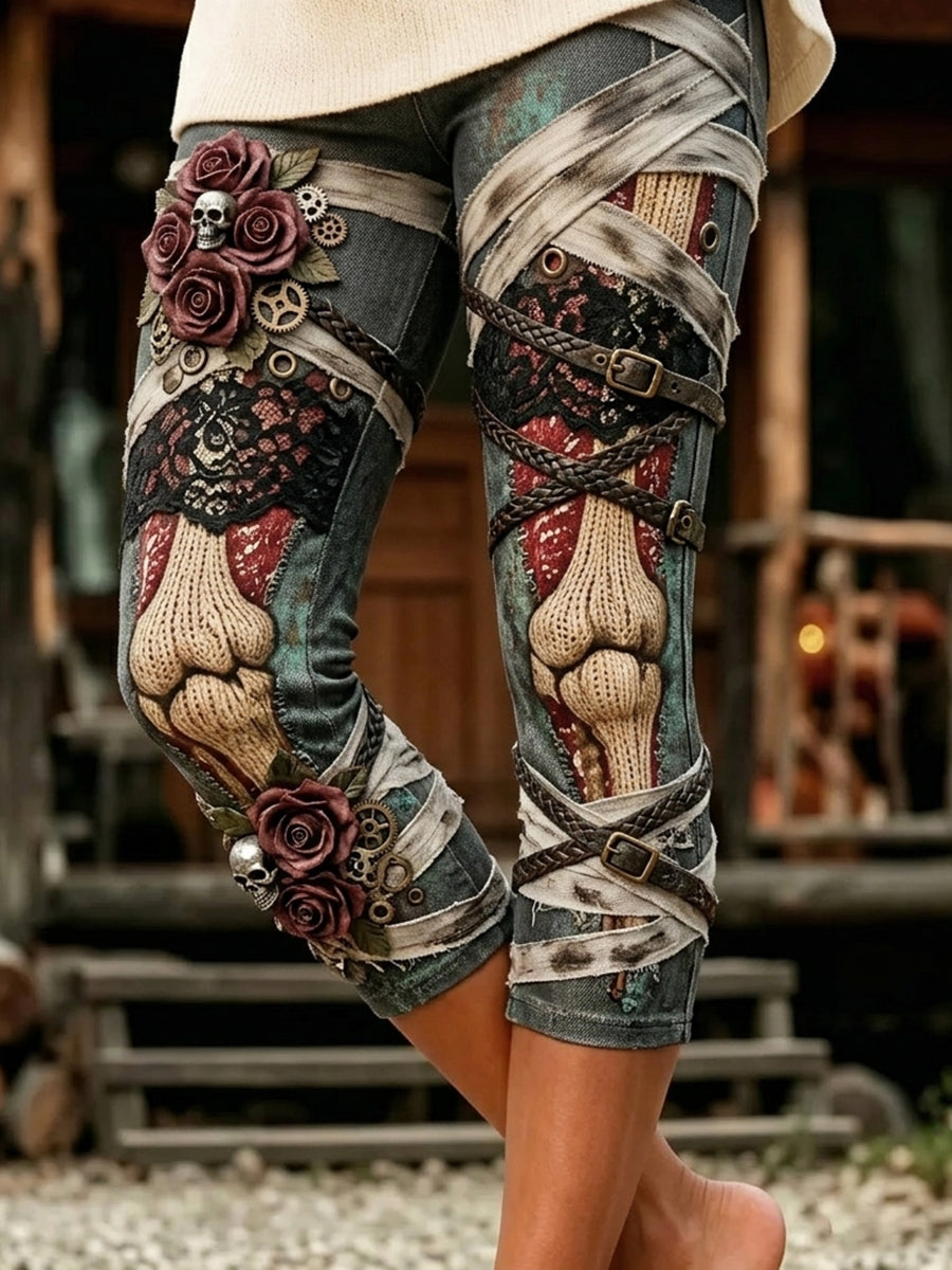 Women's Vintage Skeleton Straps Roses Print Comfy Seven-minute Bottoms