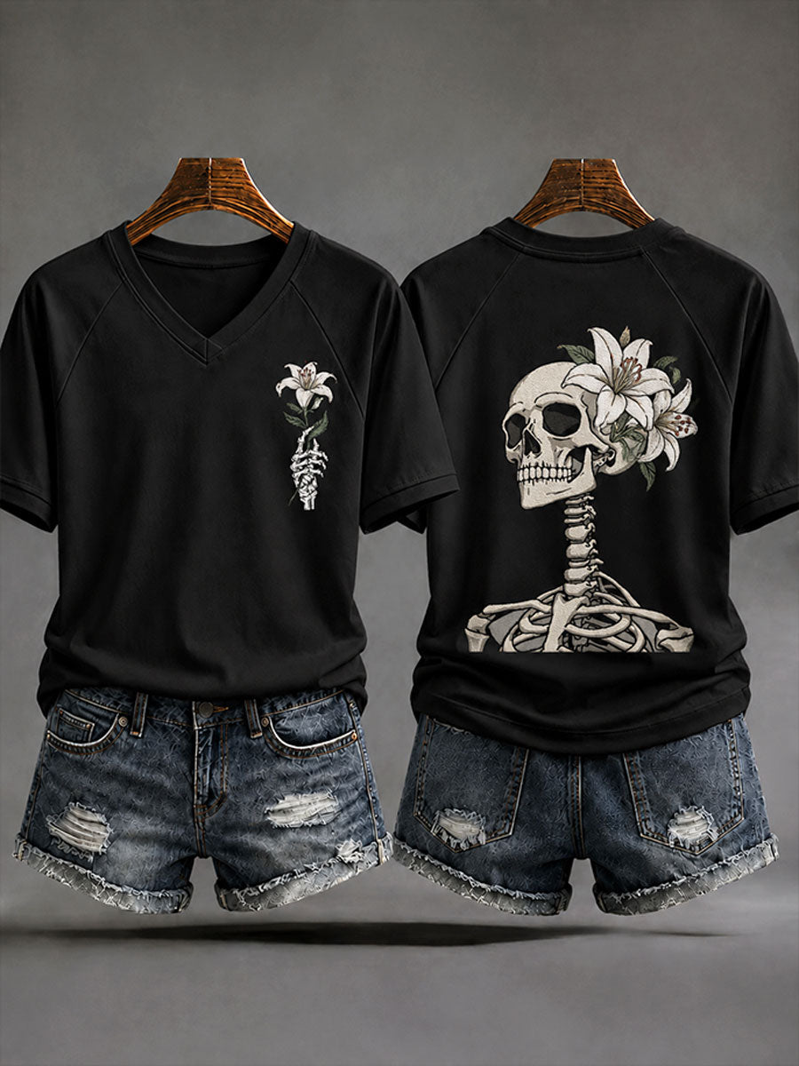 Women's Halloween Floral Skull Casual T-Shirt