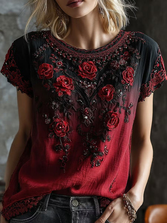 Women's Gothic  Rose Floral Cotton Linen Shirt