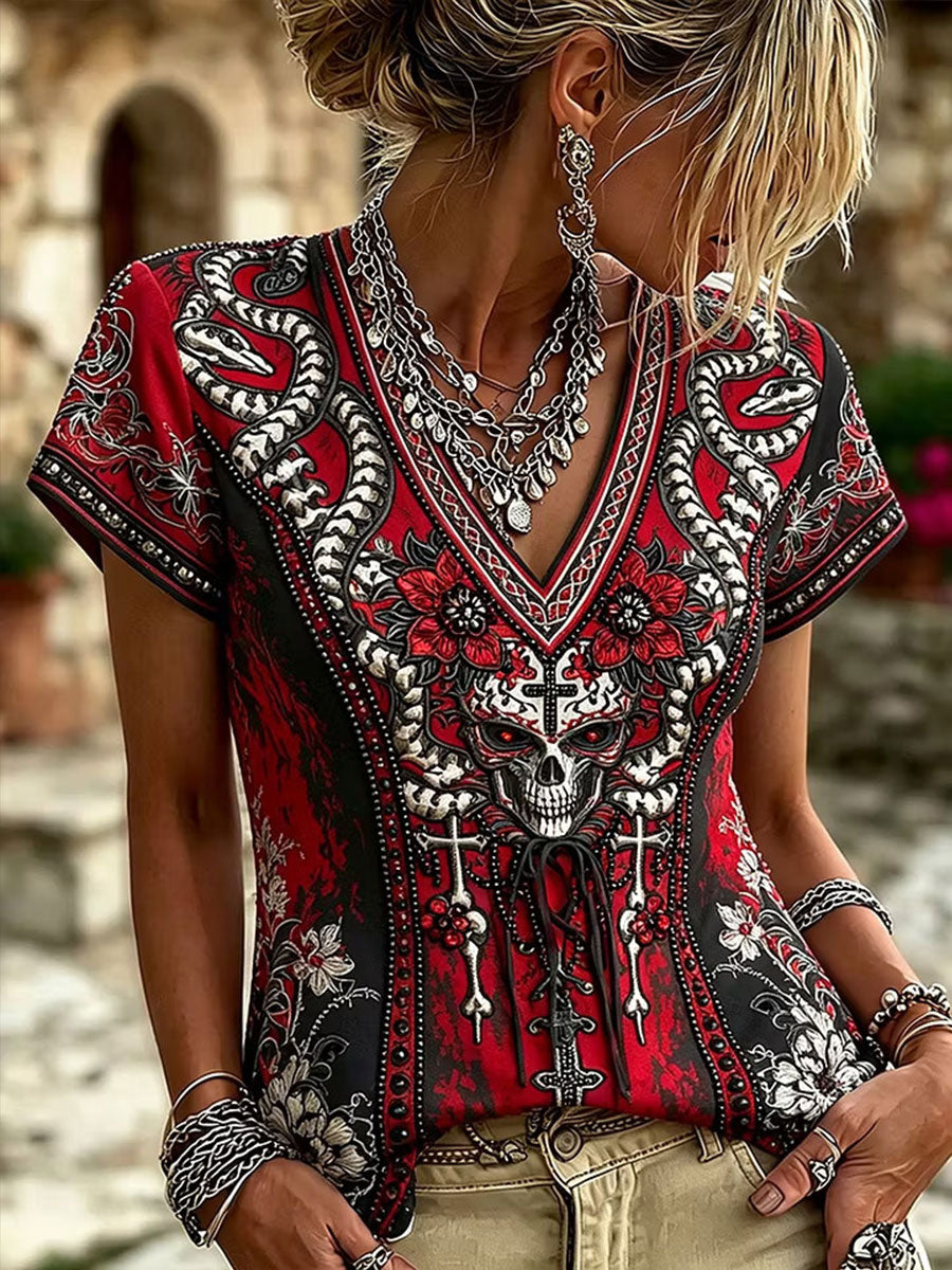 Women's Gothic Skull Rose Floral Cotton Linen Shirt