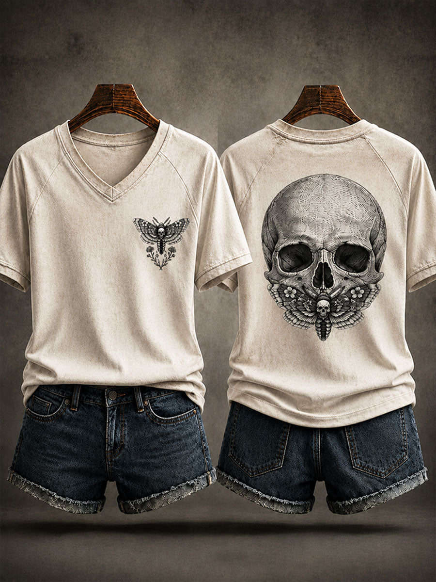 Women's Casual T-Shirt with Moth and Skull Print for Halloween