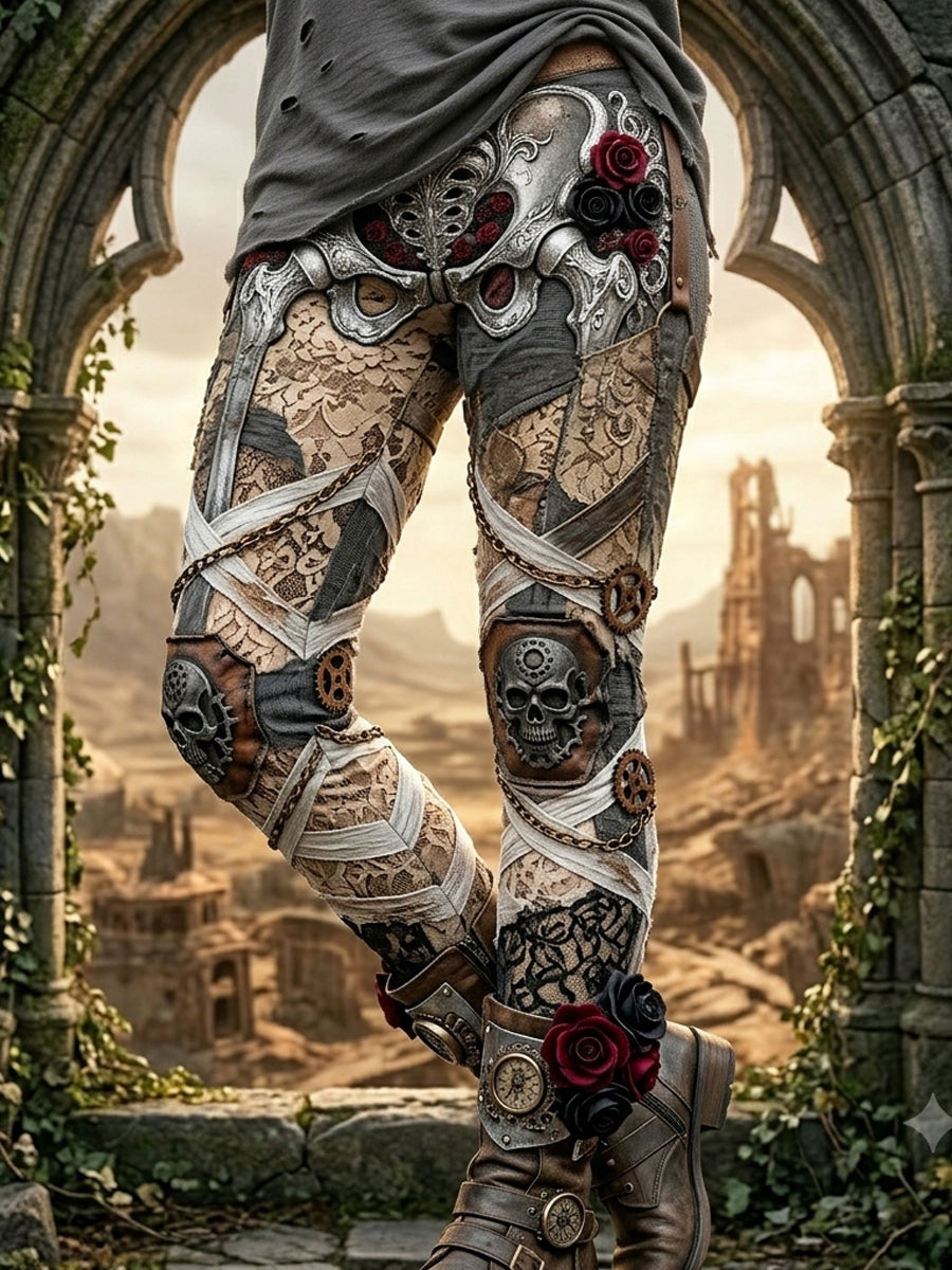 Women's Vintage Skeleton Straps Roses Print Comfy Leggings