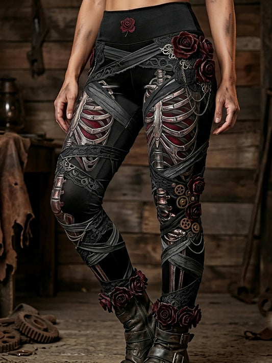 Women's Vintage Skeleton Straps Roses Print Cozy Leggings