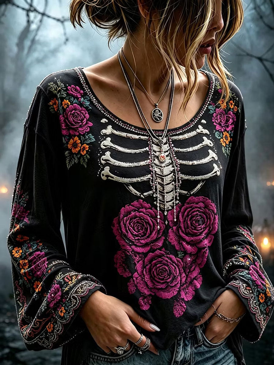 Women's Gothic Skull Rose Floral Cotton Linen Shirt