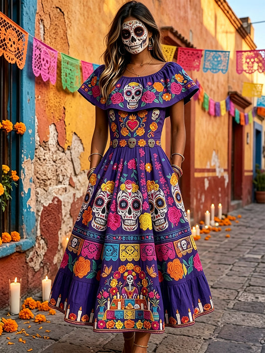 Women's Day of the Dead Mexican Floral Sugar Skulls Print Ruffle Maxi Dress