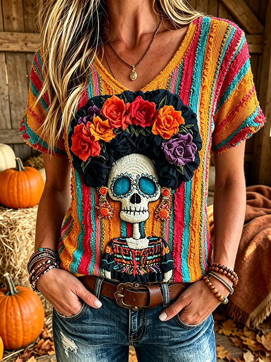 Women's Vintage Day Of The Dead Skeleton Colorful Striped Print Short-sleeved T-shirt
