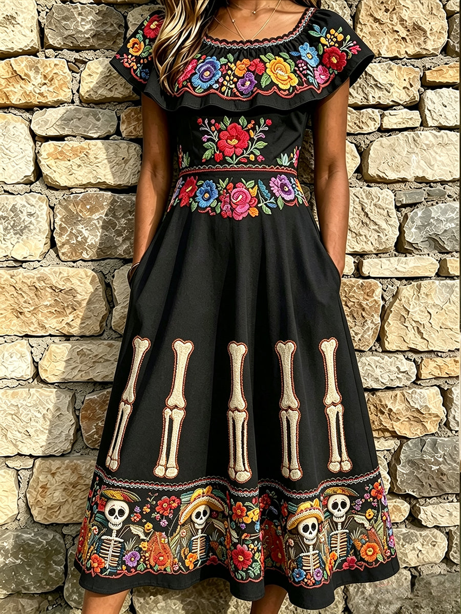 Women's Day of the Dead Skeleton Mexican Floral Print Ruffle Maxi Dress