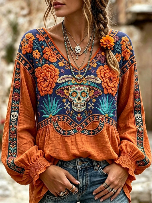 Women's Day of the Dead Sugar Skulls Marigold Print Cotton-Linen Shirt
