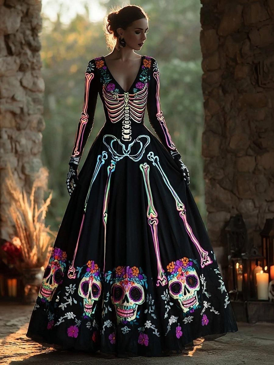 Women's Day of the Dead Skeleton Skull V Neck Maxi Dress