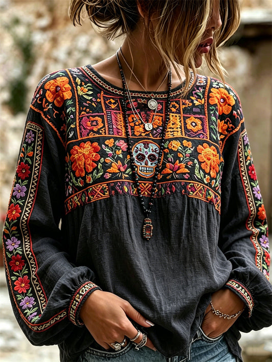 Women's Day of the Dead Sugar Skull Mexican Marigolds Floral Print Cotton-Linen Shirt
