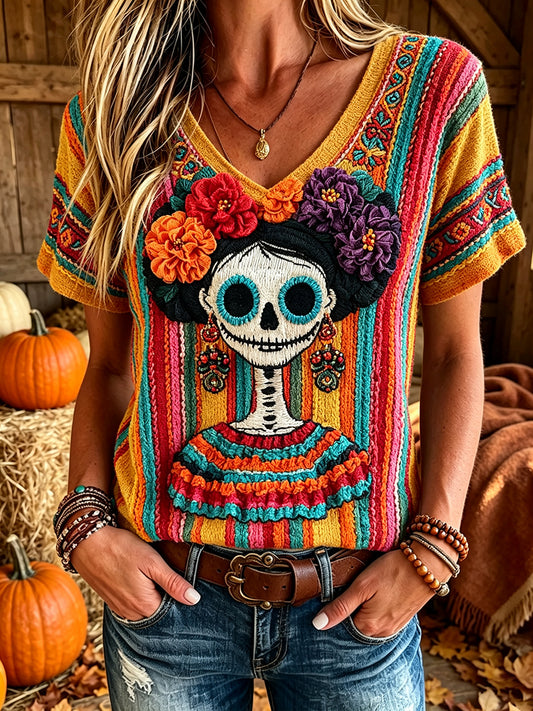 Women's Vintage Day Of The Dead Skeleton Colorful Striped Print Short-sleeved T-shirt