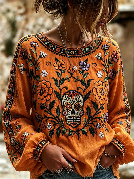 Women's Day of the Dead Sugar Skull Mexican Marigolds Floral Print Cotton-Linen Shirt