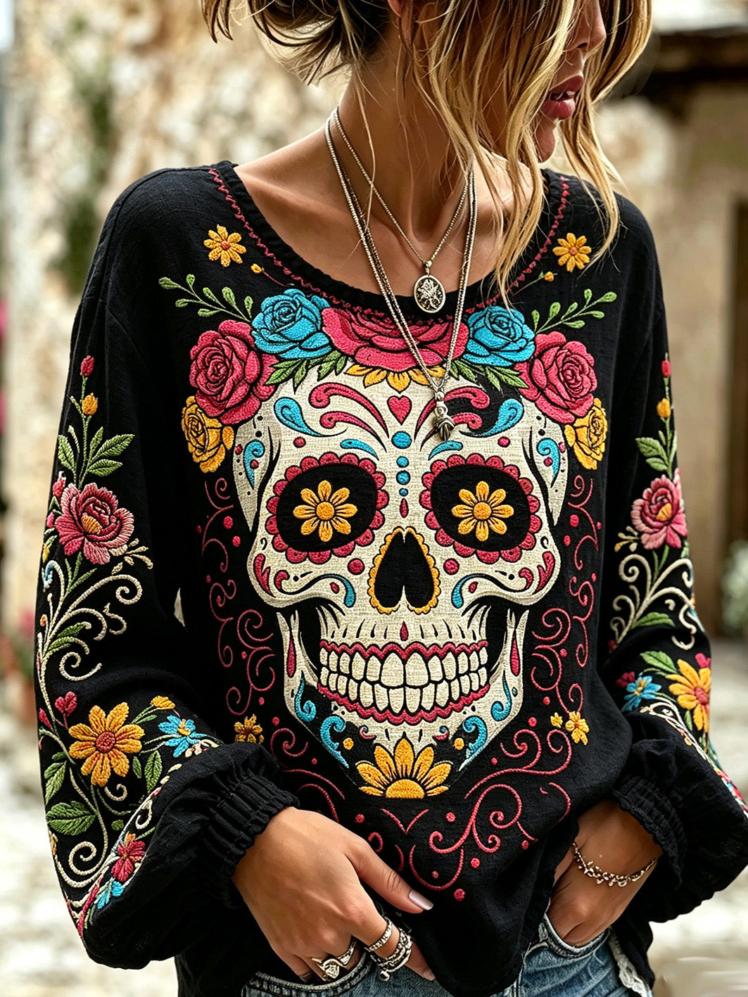Women's Retro Day Of The Dead Plant And Flower Pattern Printed Casual Cotton-Linen Shirt