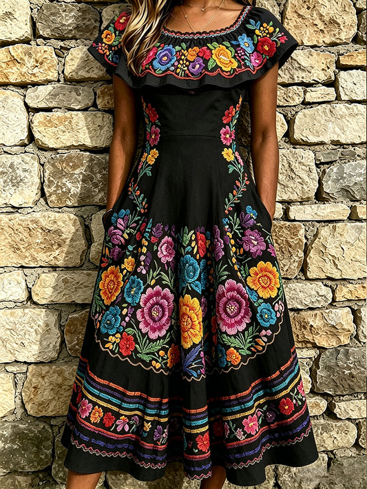 Women's Day of the Dead Mexican Floral Print Ruffle Maxi Dress