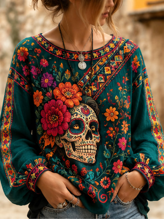 Women's Mexican Day Of The Dead Commemorative Art Print Top