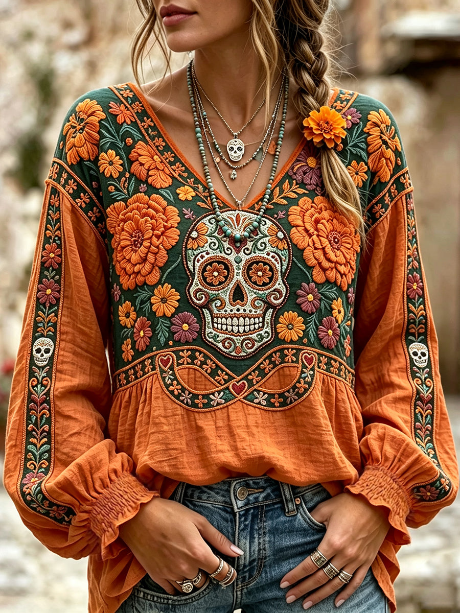 Women's Day of the Dead Sugar Skulls Marigold Print Cotton-Linen Shirt