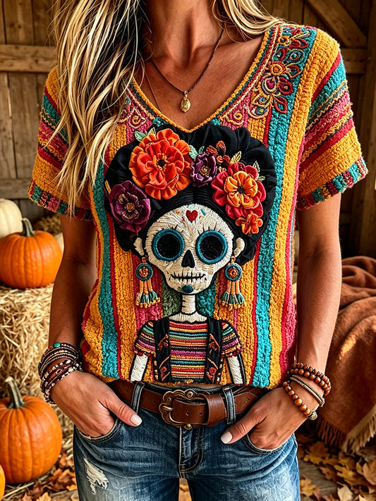 Women's Vintage Day Of The Dead Skeleton Colorful Striped Print Short-sleeved T-shirt