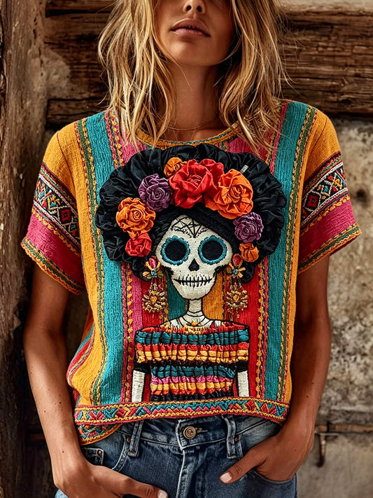 Women's Vintage Day Of The Dead Skeleton Colorful Striped Print Linen Short-sleeved T-shirt