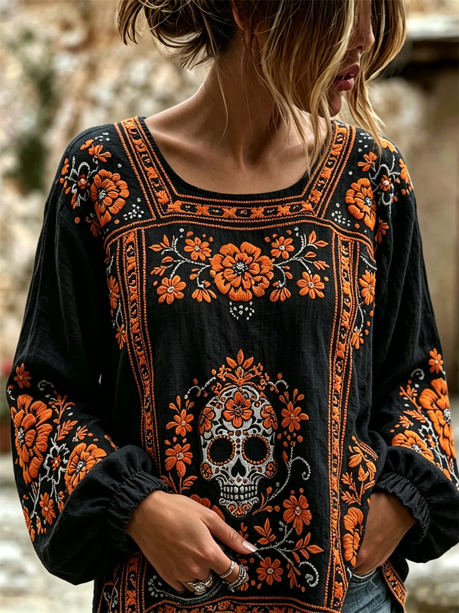 Women's Day of the Dead Sugar Skull Mexican Marigolds Floral Print Cotton-Linen Shirt