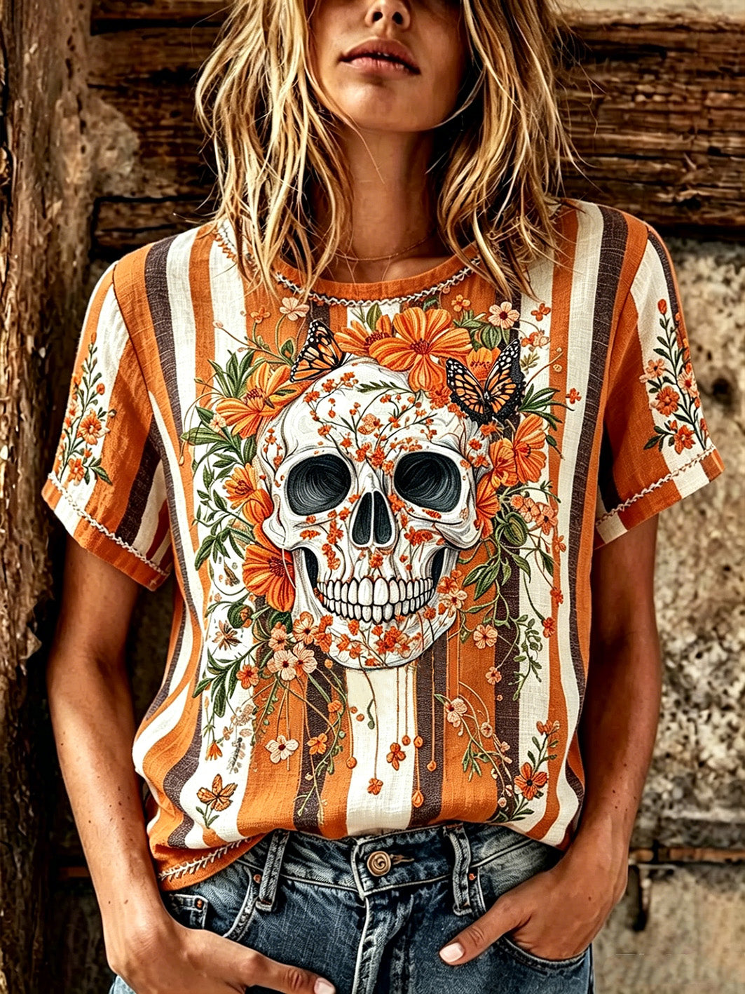 Women's retro Day of the Dead plant and flower pattern printed casual cotton and linen short-sleeve T-shirt