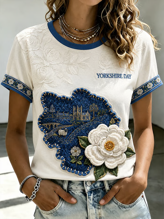 Women's Yorkshire Day White Roses Art Printed short-sleeved T-shirt