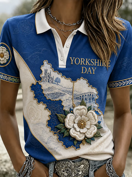 Women's Yorkshire Day White Roses Art Printed polo T-shirt