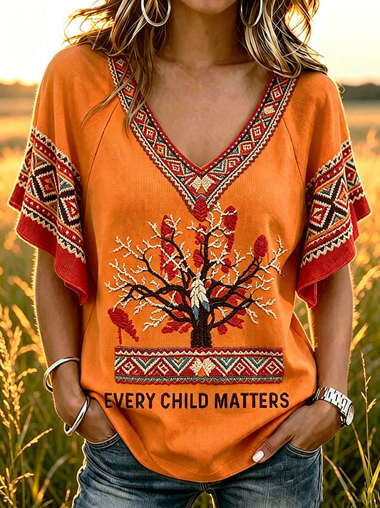 Women's  Every Child Matters Printed V-neck Ruffle Sleeve T-shirt