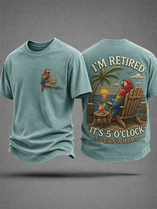 Men's I'm Retired It's 5 O'clock Everywhere Parrot Print Casual Tee