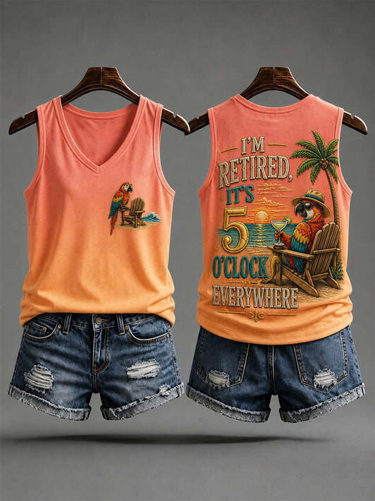 Women's I'm Retired It's 5 O'clock Everywhere Parrot Print Casual V-Neck Vest