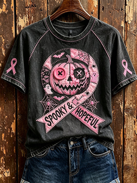 Women's Spooky & Hopeful Pink Ribbon Pumpkin Print Round Neck Short Sleeve T-shirt