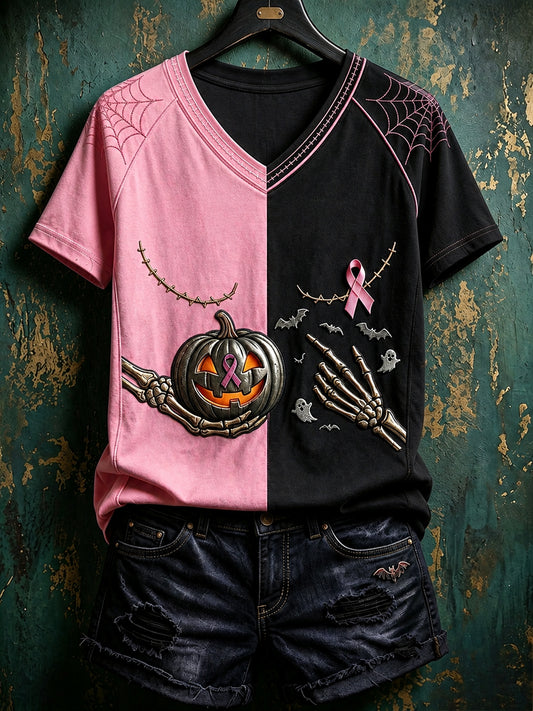 Women's Vintage Pink Ribbon Pumpkin Print Contrast Color Short Sleeve T-shirt