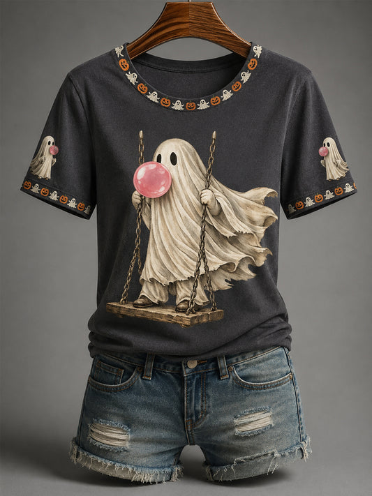 Women’s Fall Halloween Cute Bubble Gum Ghost on Swing Print Casual Tee