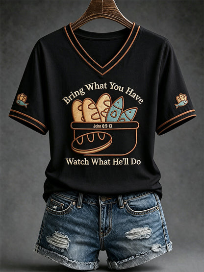 Women's Jesus 2 Fishes 5 Breads 5000 Chosen Against The Current Print Casual V-Neck Tee