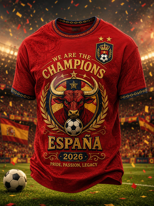 Men's We Are The Champions 2026 Print Celebrate España Champions Gift For Football Fans Casual Tee