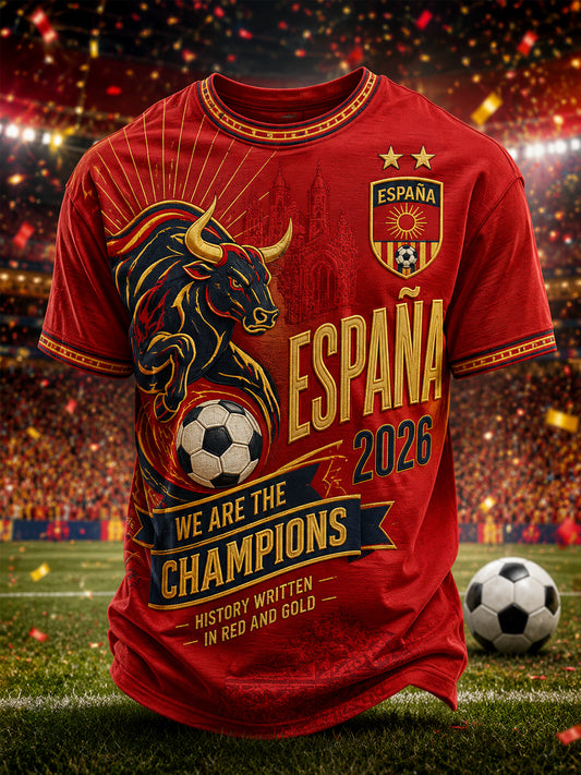 Men's We Are The Champions 2026 Print Celebrate España Champions Gift For Football Fans Casual Tee