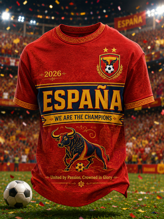 Men's We Are The Champions 2026 Print Celebrate España Champions Gift For Football Fans Casual Tee