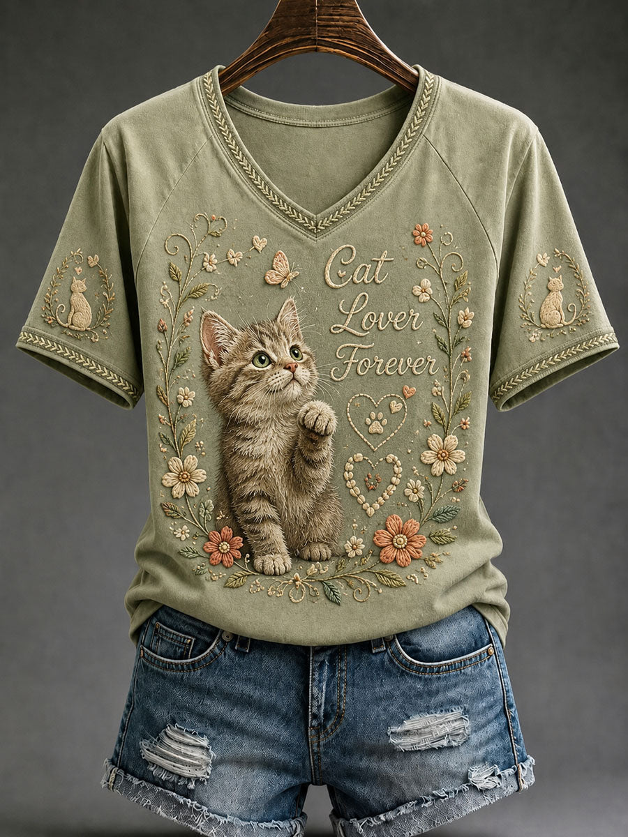 Women’s International Cat Day Art Print Loose-Fit Floral Casual T-Shirt