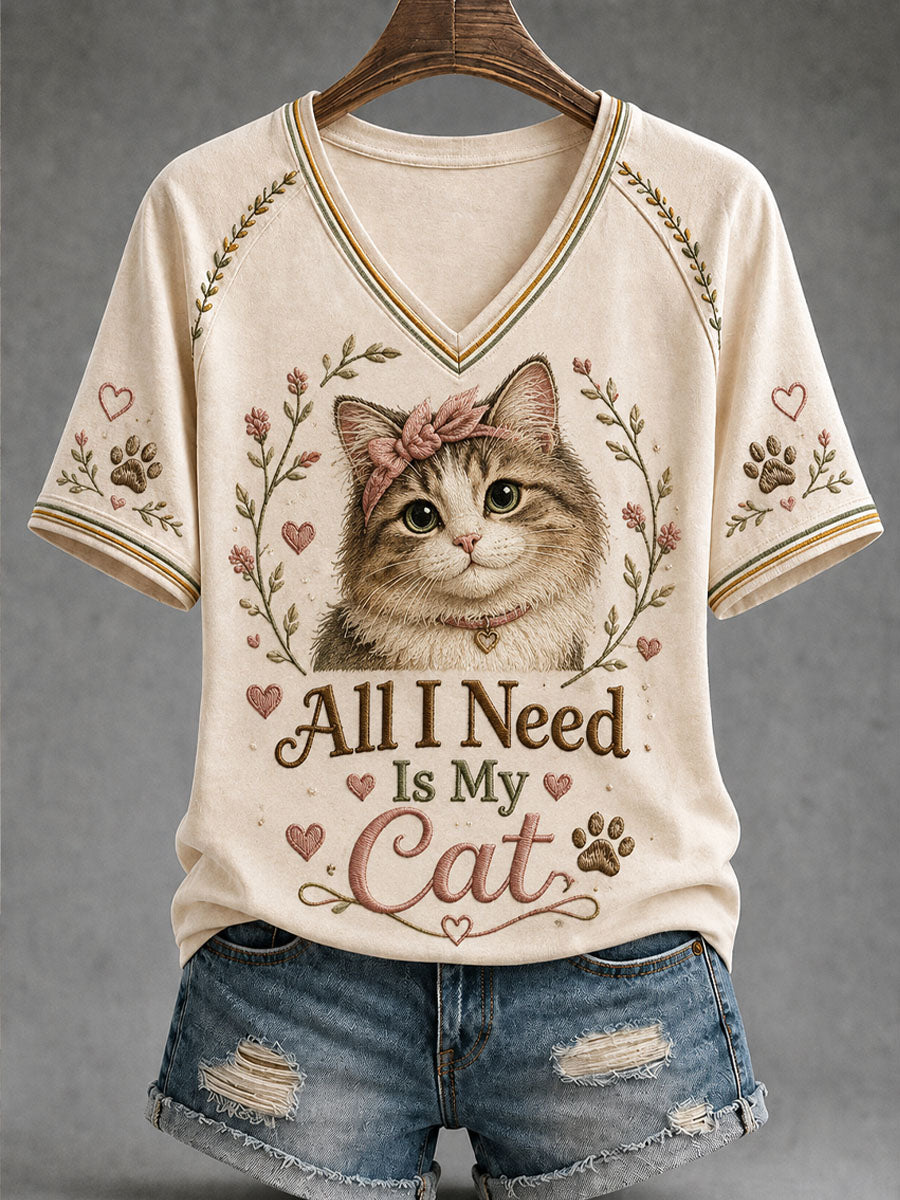 Women’s International Cat Day Art Print Loose-Fit Floral Casual T-Shirt