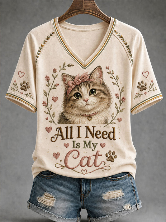 Women’s International Cat Day Art Print Loose-Fit Floral Casual T-Shirt