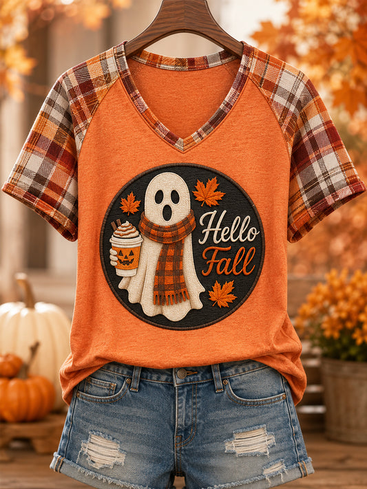 Women's Hello Fall Cute Ghost Print Casual V-Neck Tee