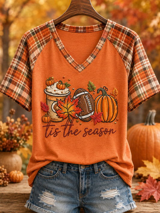 Women's Tis The Season Fall Season Print Casual V-Neck Tee
