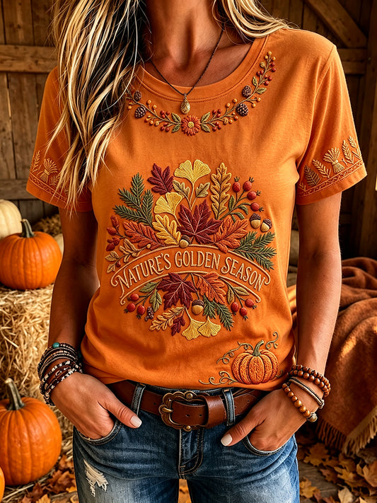 Women's Vintage Fall Floral Art Print Short-sleeved T-shirt