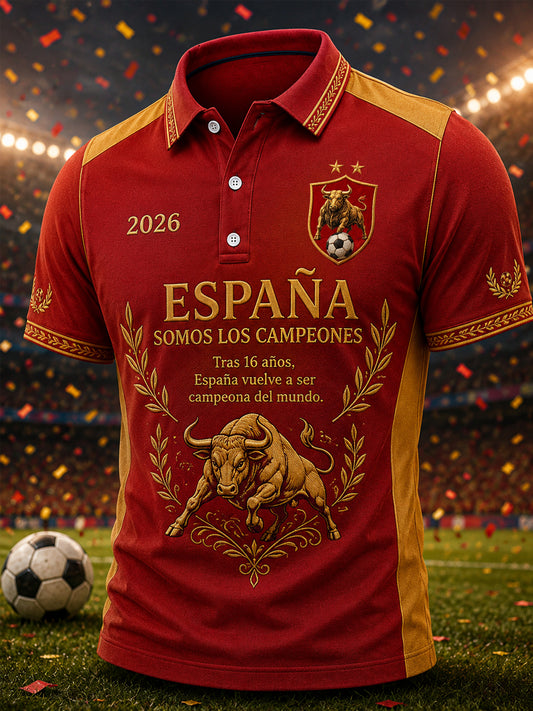 Men's We Are The Champions 2026 Print Celebrate España Champions Gift For Football Fans Casual Polo Shirt