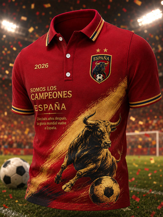 Men's We Are The Champions 2026 Print Celebrate España Champions Gift For Football Fans Casual Polo Shirt